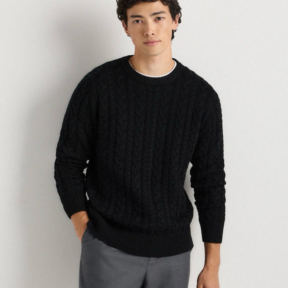 Quince Men's Merino Wool Cable Crewneck Sweater in Black Large 010